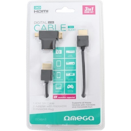 Omega kabelis HDMI 3m + adapteris (42283)