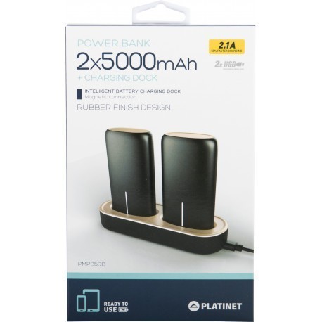 Platinet akupank 2x5000mAh 2.1A USB + laadimisdokk, must (44352)