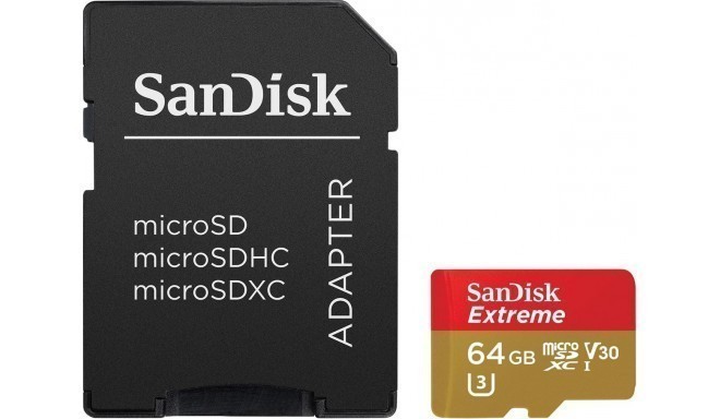 Sandisk mälukaart microSDHC 64GB Action Extreme V30 + adapter