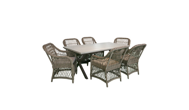 Aiamööbli komplekt LAURINO patjadega, laud ja 6 tooli, alumiiniumraam plastikpunutisega, värvus: hal