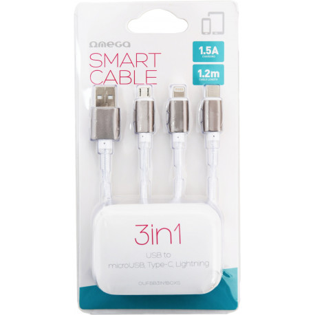 Omega kabelis 3in1 microUSB/USB-C/Lightning 1,5A 1,2m, sudrabots (44274)