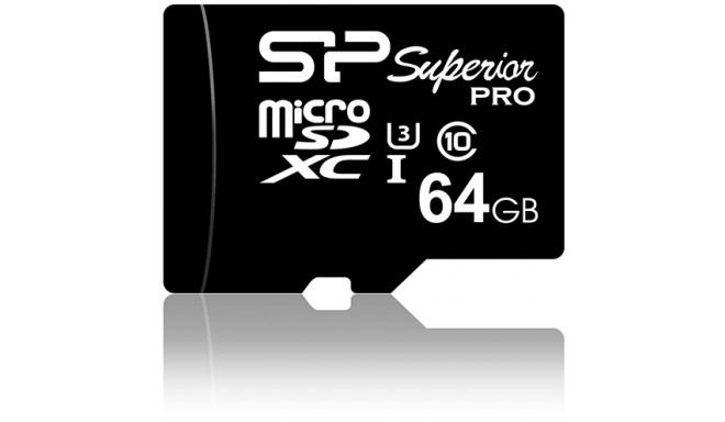 Silicon Power atmiņas karte microSDXC 64GB Superior Pro U3 + adapteris