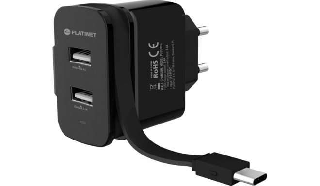 Platinet lādētājs 2xUSB 3,4A + USB-C kabelis (44654)