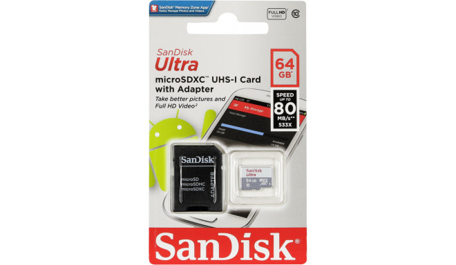 SanDisk mälukaart microSDXC 64GB Ultra 80MB/s + adapter (SDSQUNS-064G-GN3MA)