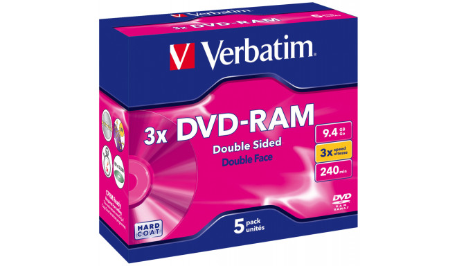 1x5 Verbatim DVD-RAM 9,4GB 3x Speed hardcoated Cartridge T4