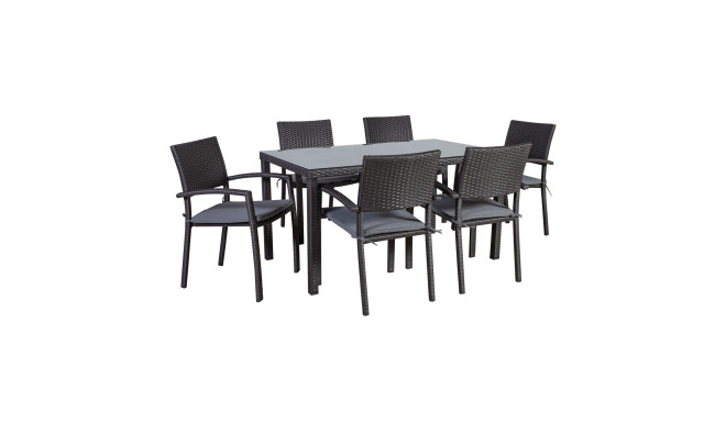 Aiamööbli komplekt BASIC-2 laud ja 6 tooli, lauaplaat: klaas, terasraam plastikpunutisega, värvus: h