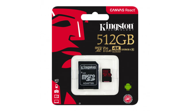 Kingston mälukaart microSDXC 512GB Canvas React U3 UHS-I V30 A1 R100/W80