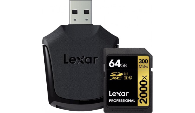 Lexar atmiņas karte SDXC 64GB Professional 2000x U3 V90 300MB/s + karšu lasītājs