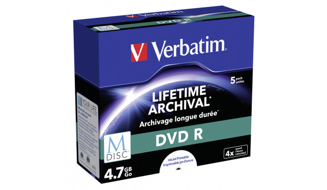 1x5 Verbatim M-Disc DVD R 4,7GB 4x Speed, Jewel Case, printable