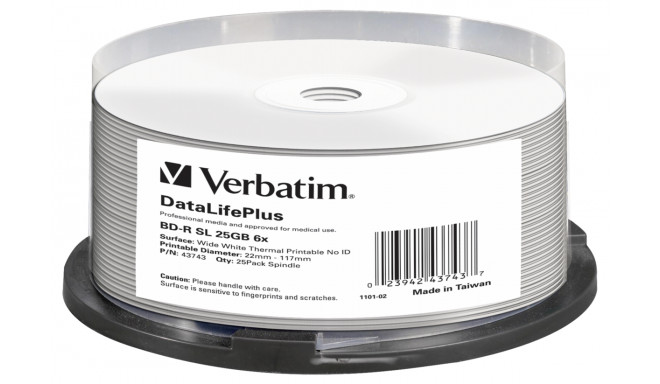 1x25 Verbatim BD-R Blu-Ray 25GB 6x Speed, thermal printable