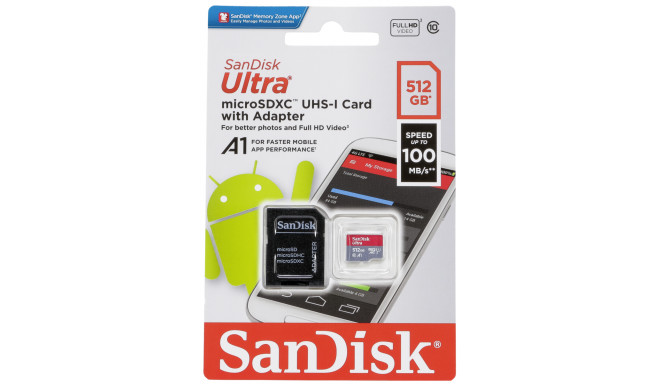 SanDisk mälukaart microSDXC 512GB Ultra A1 100MB/s + adapter (SDSQUAR-512G-GN6MA)