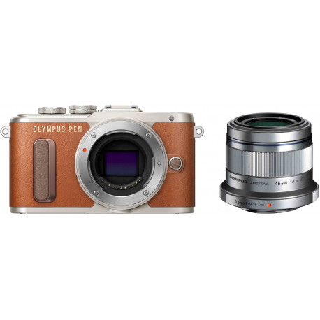 Olympus PEN E-PL8 + 45 мм f/1.8, коричневый/cеребристый