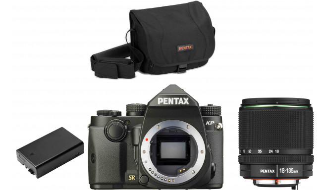 Pentax KP + 18-135mm + kameras soma + rezerves akumulators, melns