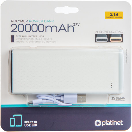 Platinet power bank 20000mAh 2.1A Li-Po Ambient Lighting, white (45200)