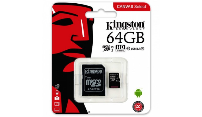 Kingston mälukaart microSDXC 64GB Canvas Select Class 10 UHS-I 80/10MB/s