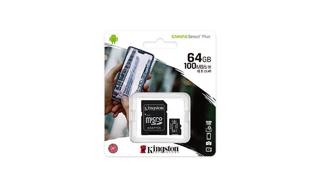Mälukaart microSD 64GB, Class 10, UHS-I, R100/W10, Canvas Select Plus, Kingston