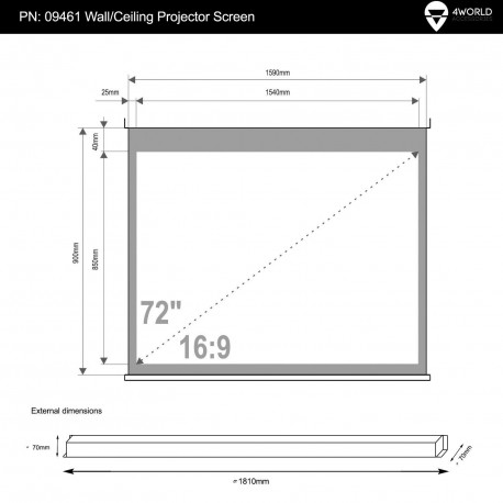 4World Electric Wall/Ceiling Projection Screen with Remote Control 159x90 (16:9) Matt White