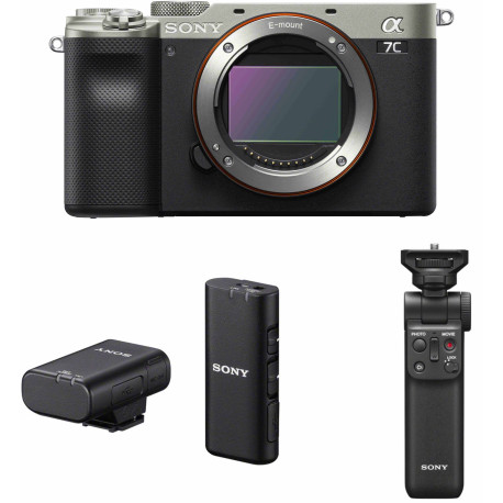Sony a7C + Sony handle-tripod + Sony microphone, silver