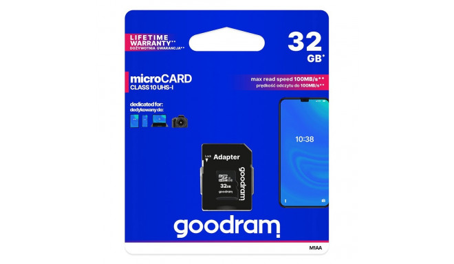 Goodram Microcard 32 GB micro SD HC UHS-I class 10 memory card, SD adapter (M1AA-0320R12)