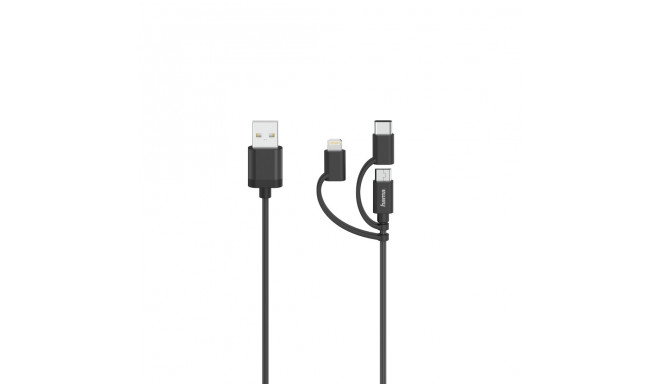 USB-kaabel USB-A - microUSB + Lightning adapter + USB-C adapter Hama 3in1, must USB2.0 kaabel 0.75m