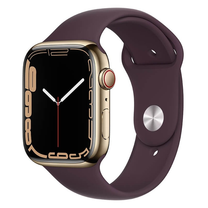 Apple Watch 7 GPS + Cellular 45mm Stainless Steel Sport Band, gold/dark cherry (MKJX3EL/A)