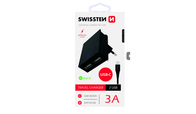 Swissten Travel Charger USB 3А / 15W With USB-C Cable 1.2m