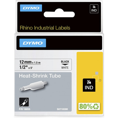 Dymo Rhino IND ORIGINAL heat shrink tubing 12mm x 1.5m, black on white, label heat shrink tubing (fo
