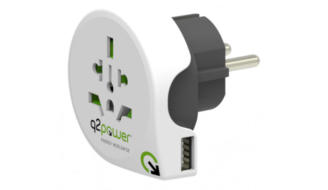 Q2power grounded travel adapter, worldwide to EU (Schuko), 1xUSB port, 10A, white / GT-904