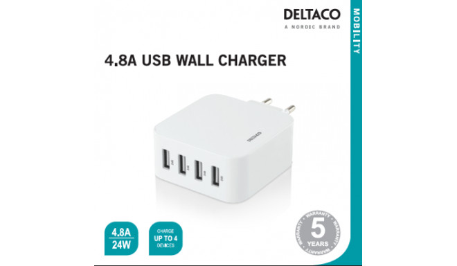 AC Charger DELTACO 4port 2,4A each white / USB-AC170