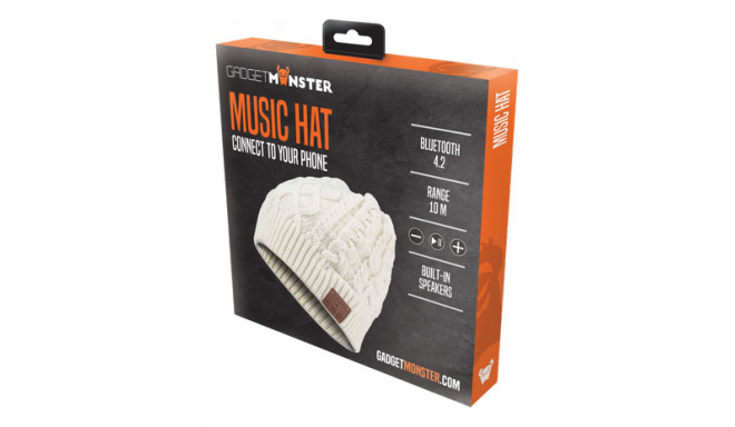 Knitted Music Hat GADGETMONSTER with built-in headphones, Bluetooth, white / GDM-1013