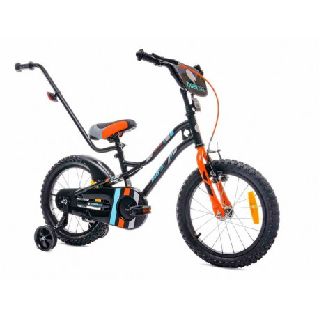 Rower dla chłopca 16 cali Tiger Bike z pchaczem czarno - pomarańczow - turkusowy