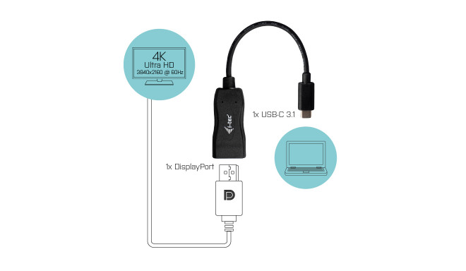 i-tec USB-C DisplayPort videoadapter 60 Hz 1x DisplayPort 4K Ultra HD ühilduv Thunderbolt 3-ga