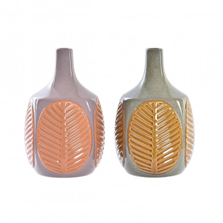 Vaas DKD Home Decor Pruun Roosa Keraamika Taime leht 17 x 17 x 26 cm (2 Ühikut)