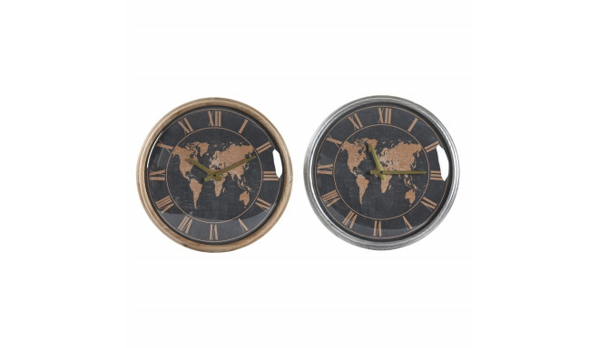 Wall Clock DKD Home Decor 46 x 6,5 x 46 cm Crystal Silver Black Golden Brown Iron World Map (2 Units