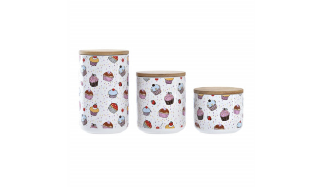 3 Tubs DKD Home Decor Natural White Multicolour Bamboo Stoneware 10 x 10 x 17 cm Cupcake