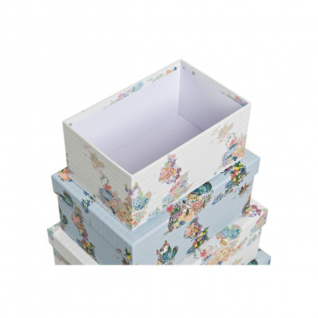 Set of Stackable Organising Boxes DKD Home Decor Blue White Flowers Cardboard (43,5 x 33,5 x 15,5 cm