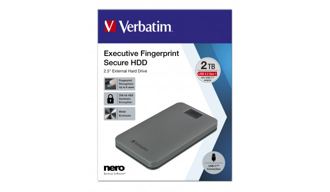 Kõvaketas väline HDD Verbatim Executive Fingerprint Secure Portable HDD 2TB USB3.2 Gen1 USB-C, USB-C