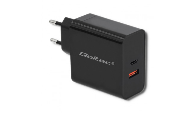 Qoltec 51716 Charger | 63W | 5-20V | 1.5-3A | USB type C PD | USB QC 3.0 | Black