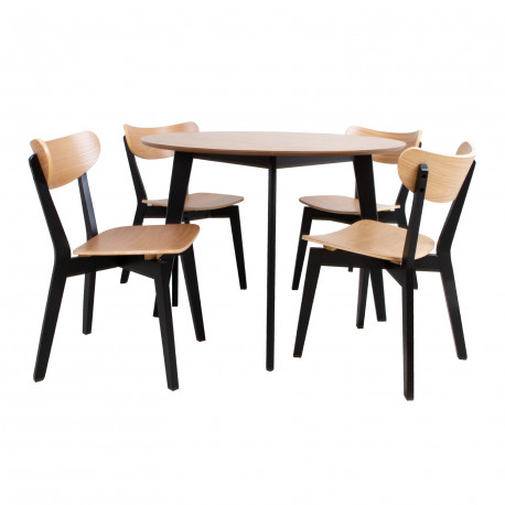 Dining set ROXBY round table, 4 chairs, oak/black