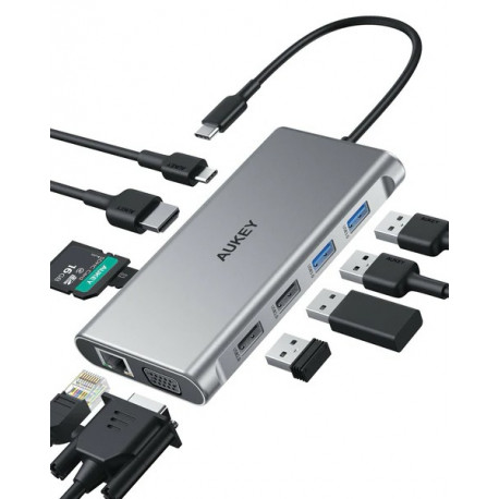 Hub USB-C CB-C89 Aluminium | 10w1 | RJ45 Ethernet 10/100/1000Mbps | 4xUSB | HDMI 4k@30Hz | SD i micr