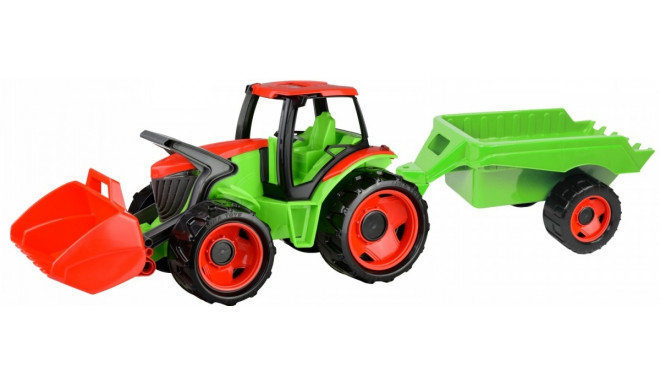 Tractor with shovel and trailer red-green