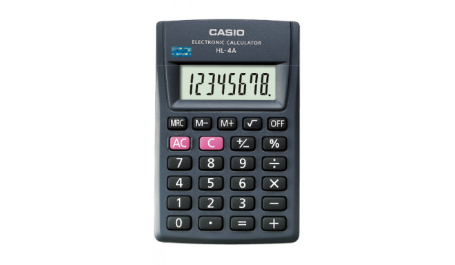 Taskukalkulaator Casio HL-4A - 8 numbriline ekraan, protsentarvutus, 87x56x9mm, patarei LR54, Standa