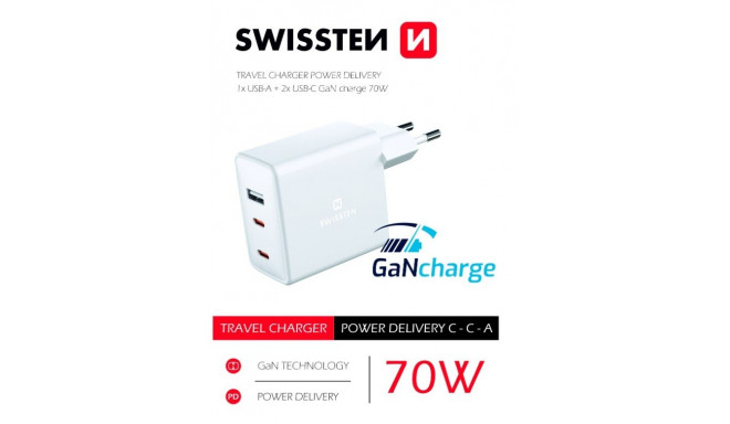 Swissten GaN Travel Charger 2 x USB-C / USB / 70W