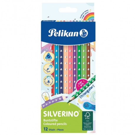 Pelikan Krāsošanas zīmuļi, Silverino, trīsstūris, SOFT plānas, 12 krāsas