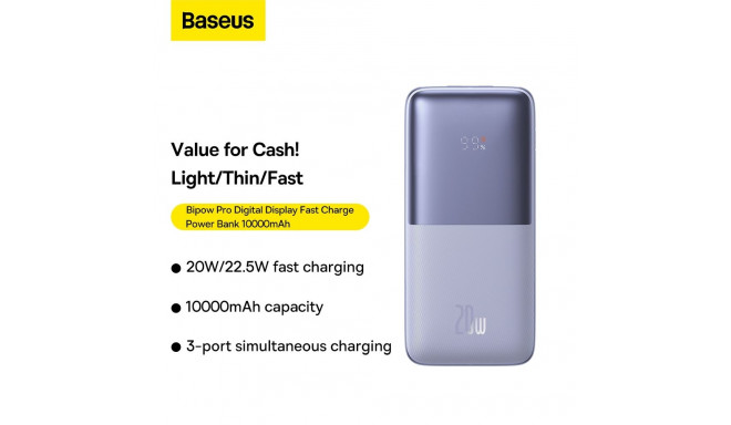 BASEUS powerbank 10 000 mAh + cable USB A to Type C PD QC3.0 3A 20W PPBD040105 purple