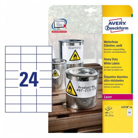Kleepuvad sildid Avery 20 Lehed Valge 70 x 37 mm