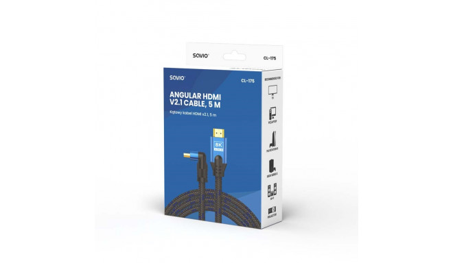 Savio HDMI (M) v2.1 nurga all kaabel, 8K, HDR dünaamiline, OFC vask, 5m, CL-175