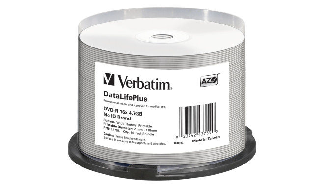 1x50 Verbatim DVD-R 4,7GB 16x white wide thermal  print. NO-ID