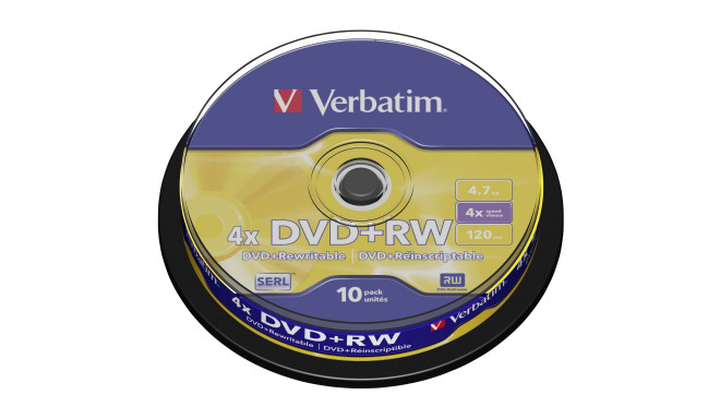 1x10 Verbatim DVD+RW 4,7GB 4x Speed, matte silver Cakebox