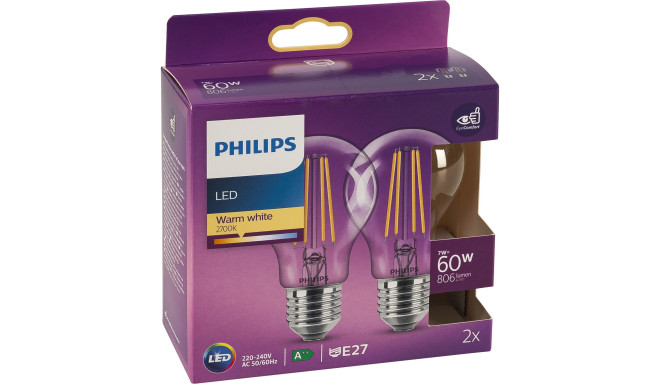 Philips LED Bulb E27 2-Pack 7W (60W) 2700K 806lm Vintage
